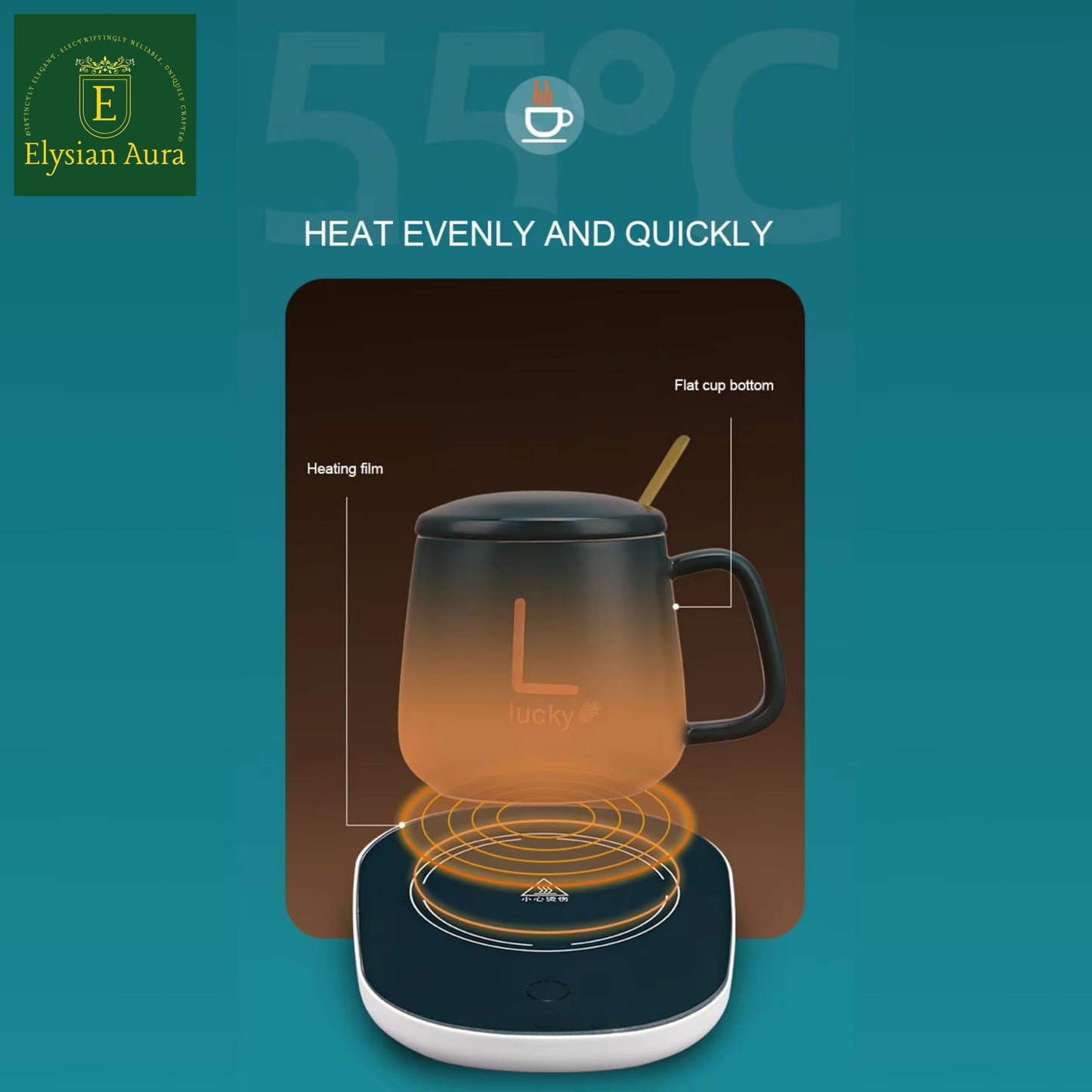 Elysian Aura Black Electric Coffee Mug Warmer Plate with Auto Shut Off Function || Best for Gifting 42cm Cord, 2-Pin Indian Plug || Electric Cup Warmer Maintains 55°C.