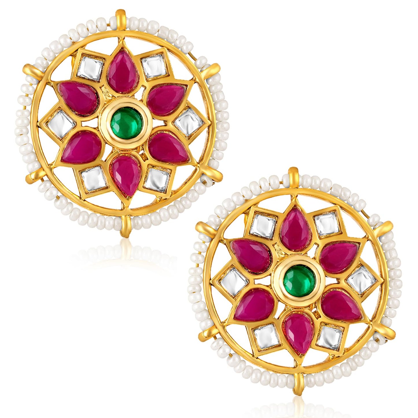Peora Gold Plated Rani Pink Green Synthetic Stone & Beads Studded Stud Earrings Ethnic Jewellery for Women & Girls