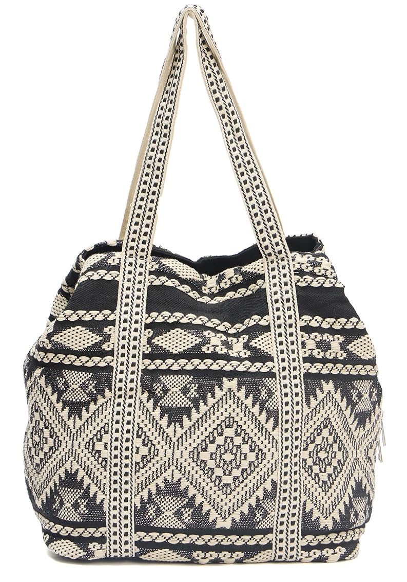 PRIMROSE Boho Beach Tote Bag (Black and Beige)