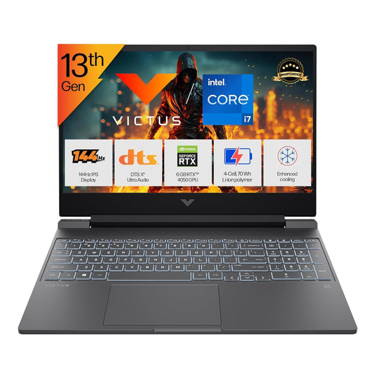 HP Smartchoice Victus, 13th Gen i7-13620H, 6GB RTX 4050, 16GB DDR4(Upgradeable) 512GB SSD, 144Hz, 300nits, FHD, 15.6''/39.6cm, Win11, M365* Office24, Mica Silver, 2.3kg, fa2100TX/2103tx, Gaming Laptop