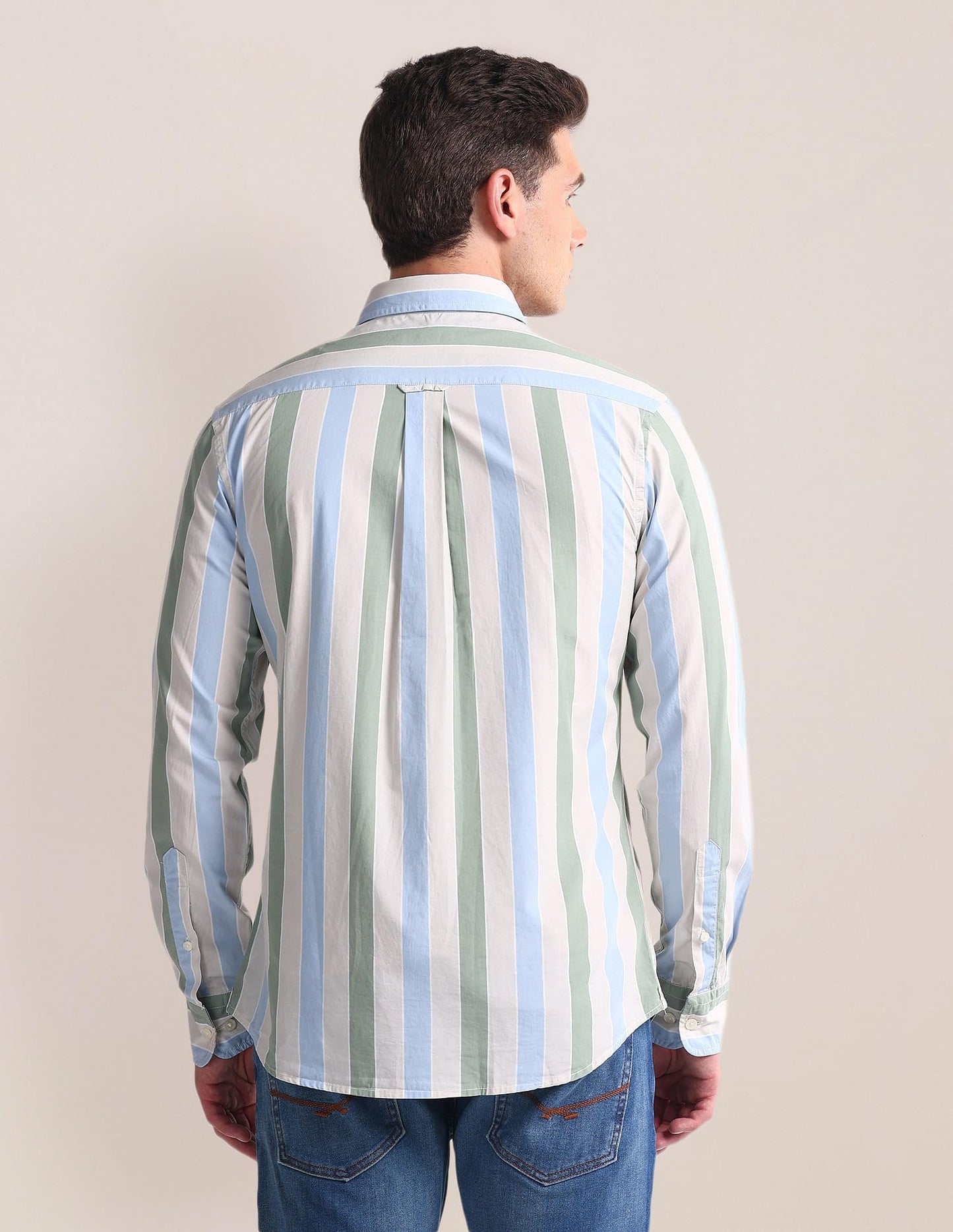 U.S. POLO ASSN. Men's Striped Regular Fit Shirt (USSHT1910_Beige, Blue and Green