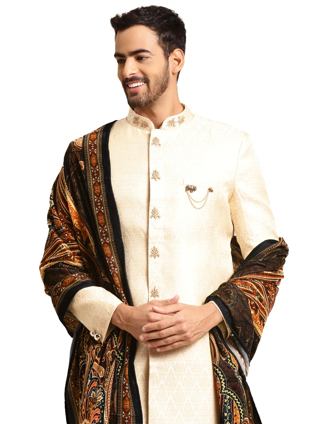 KISAH Sherwani Set with Dupatta for Men – Textured Silk Blend Jacquard Sherwani, Churidar & Dupatta | Traditional Indian Outfit for Weddings, Receptions & Festivals, White, 42