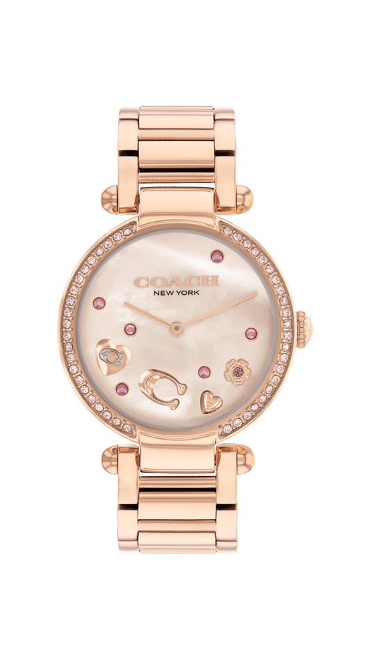 Coach Cary Qtz Basic Pink Mother of Pearl Round Dial Women's Watch|Ionic Plated Rose Gold Steel Material|Gold Color Band - 14504266