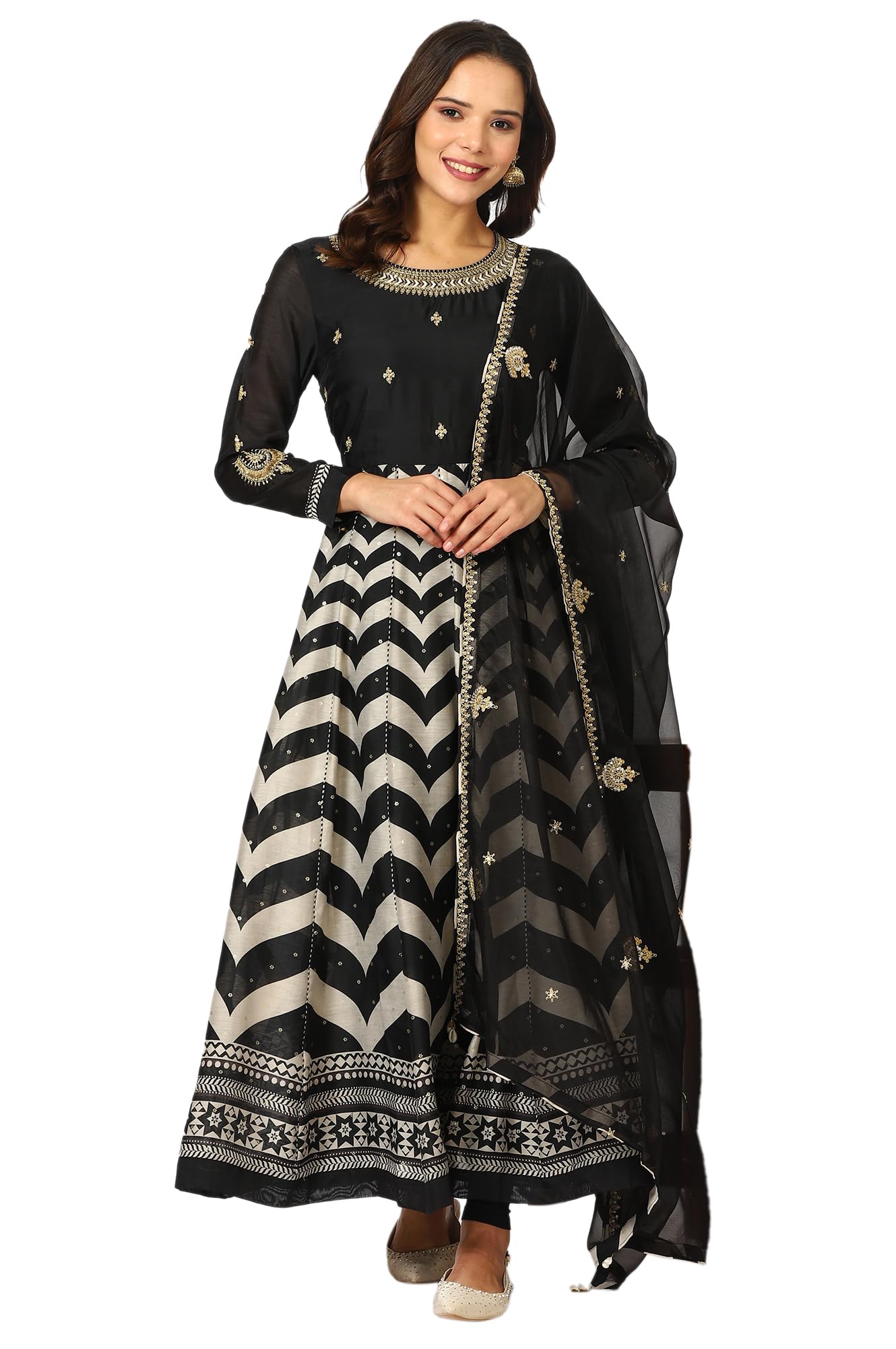 W for Woman Black Chevron Printed Embroidered Chanderi Anarkali Kurta, Tights and Duptta Set (Size: XXL)-24AUSP11666-124621