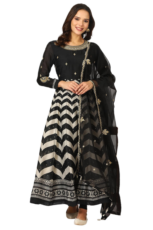 W for Woman Black Chevron Printed Embroidered Chanderi Anarkali Kurta, Tights and Duptta Set (Size: XXL)-24AUSP11666-124621