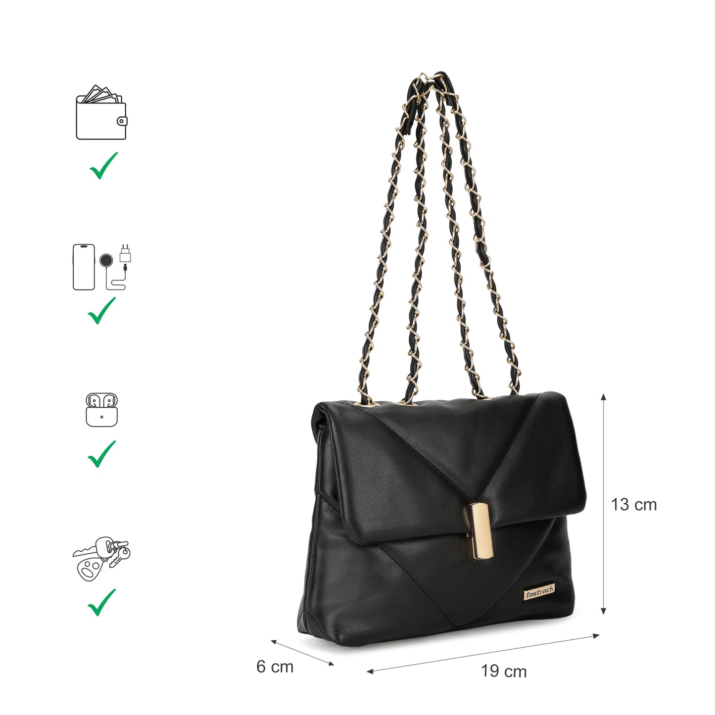 Fastrack Quilted Sling Bag For Women, Girls and Ladies | with Push Lock Closure | Unique Metal & PU Sling Straps | Ladies Purse Handbag | Slings for Casual Carry