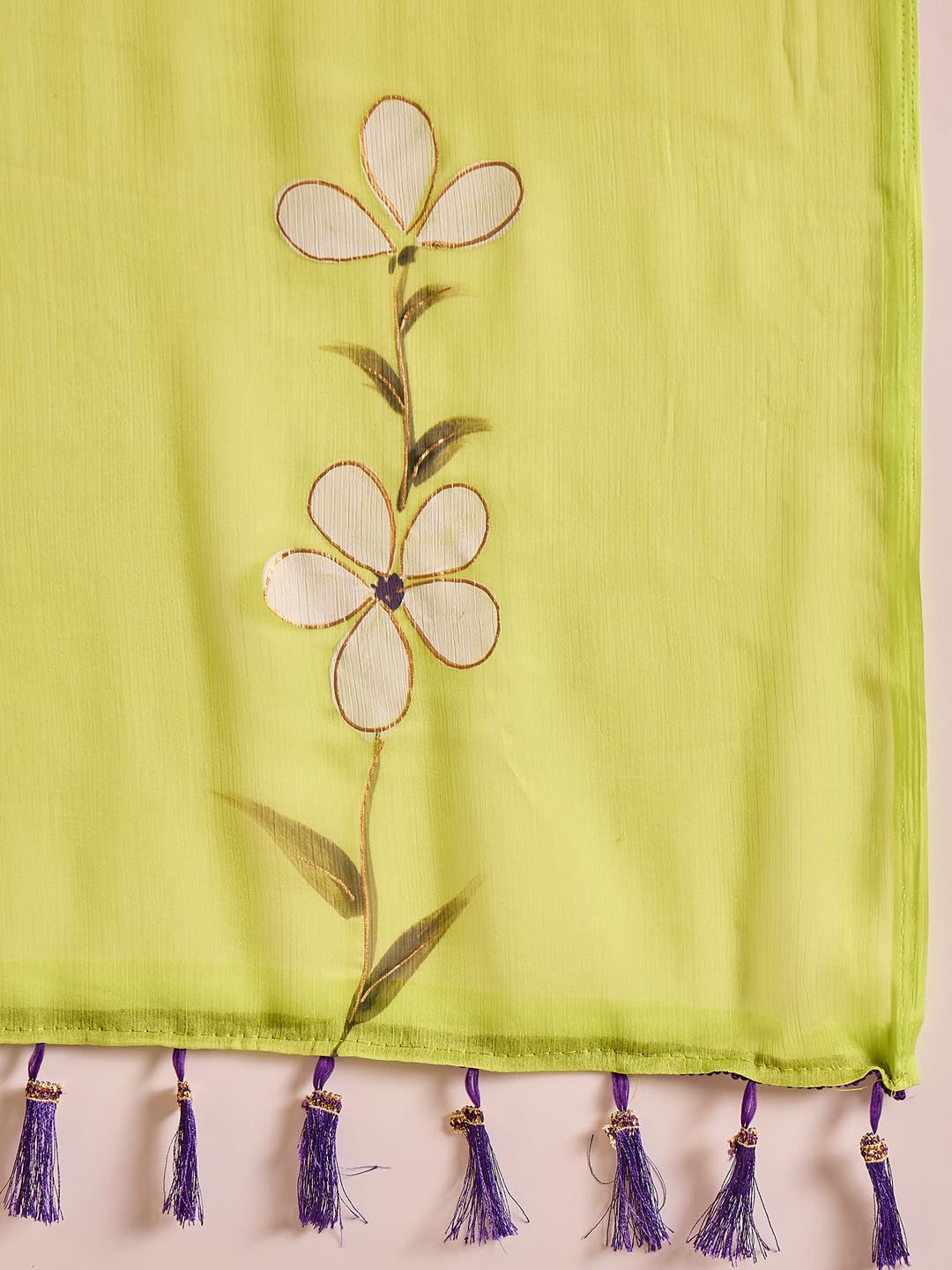 SAREE MALL Women's Light Green Chiffon Botanical Printed Saree With Unstitched Blouse Piece (PAINTING105_SU)