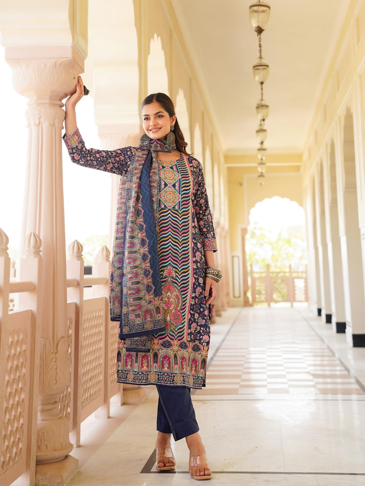 Vaamsi Women's Blue Rayon Printed Straight Kurta Pants With Dupatta Set | Festive Straight Kurta Set For Women | Printed Salwar Suit For Women (SKSKD3049, XL)