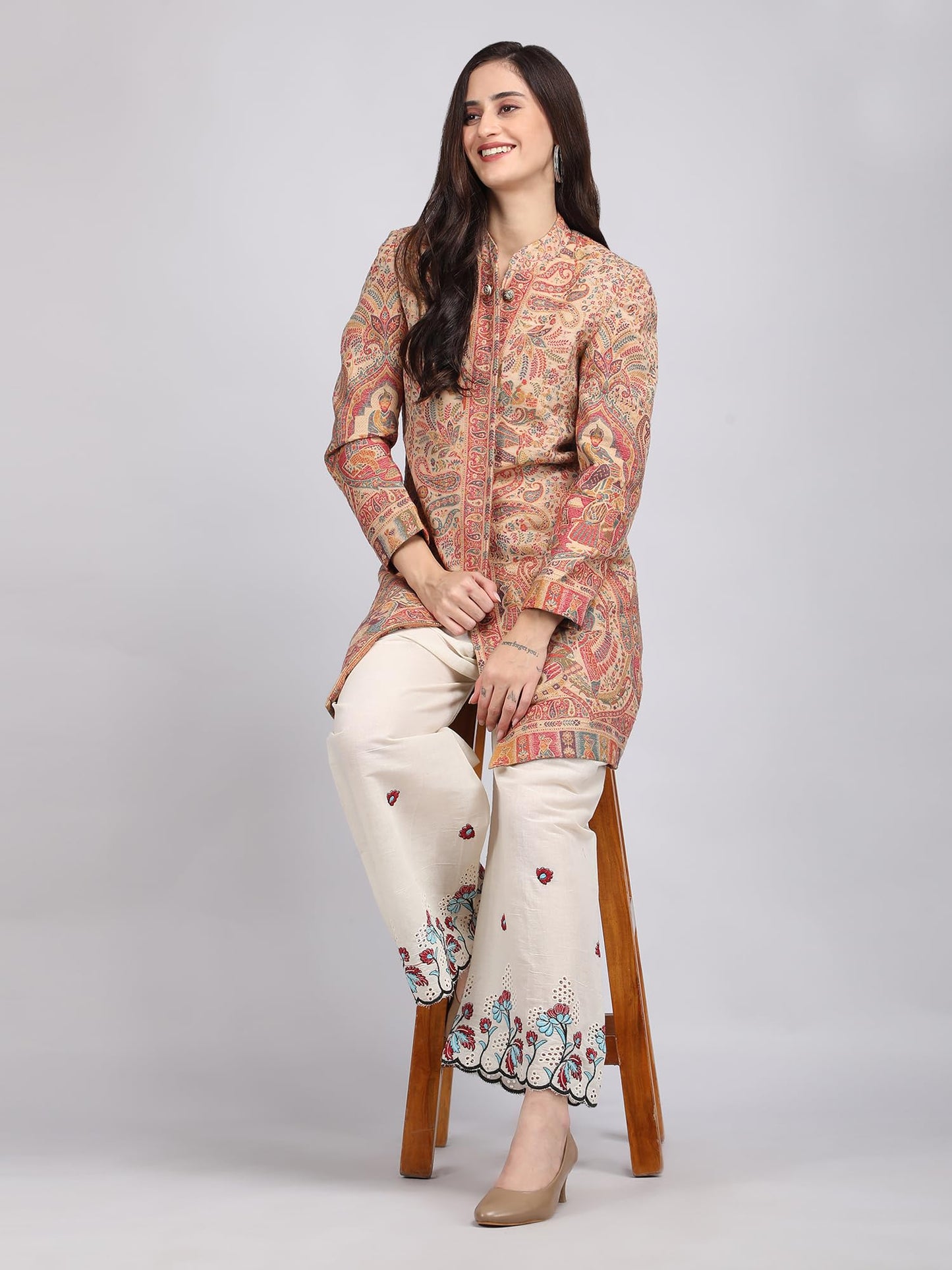 Georgio Martini - Ethnic Flower Design Hand Work Embroidery Wide Leg Linen Adjustable Chicken Smart Plazzo Pants with Drawstring