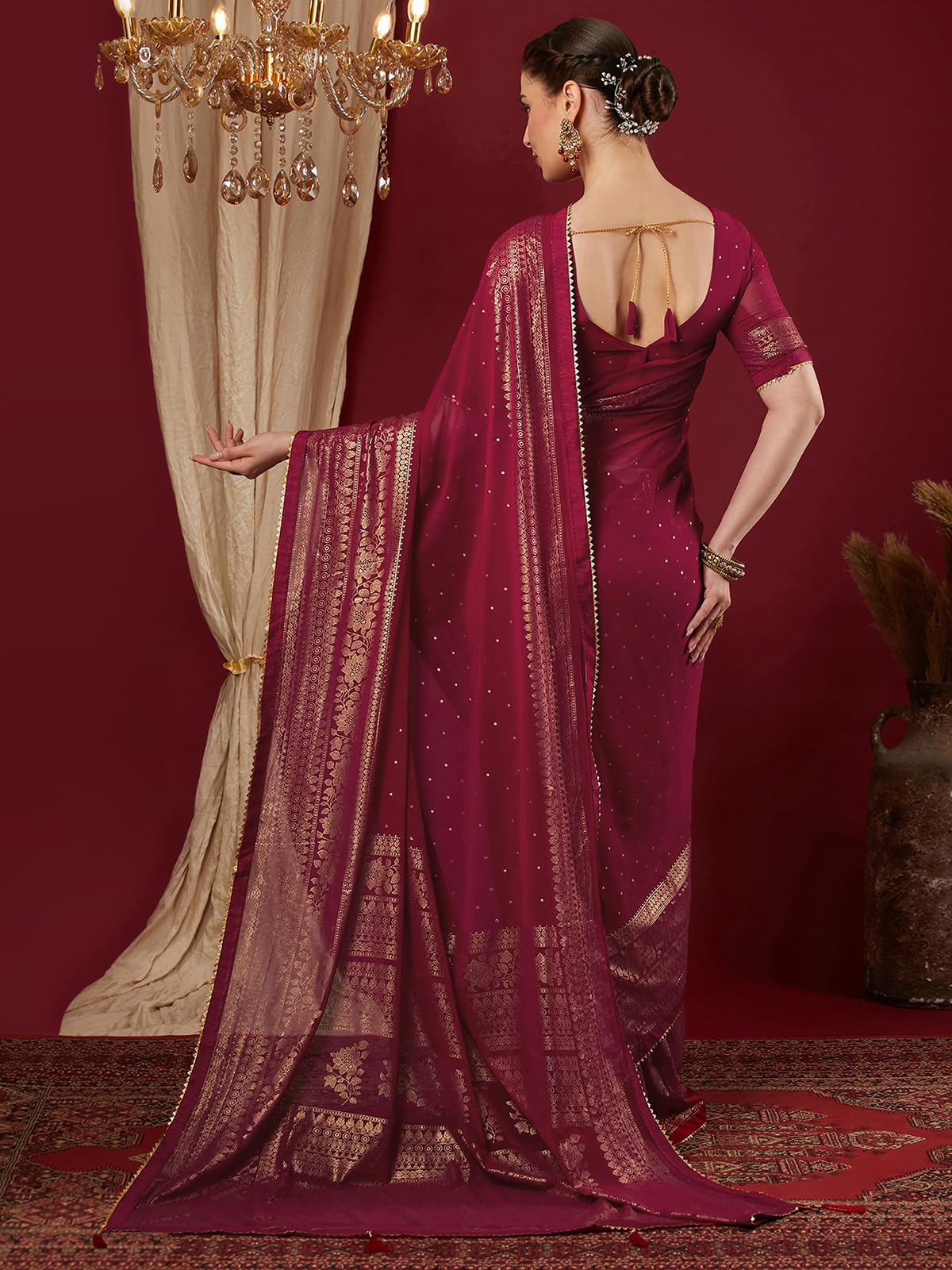 SAMAH Women's Georgette Foil Printed Lace Work Saree with Unstitched Blouse Piece (4402S3153N_Rani Pink)