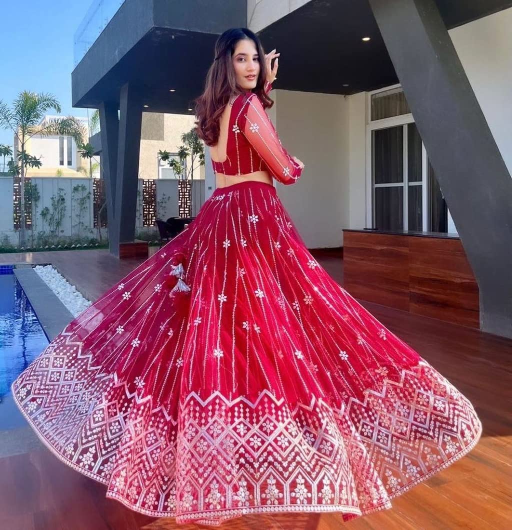 Fashion Basket Net Sequence Pink Lehenga choli For womens(FB-LH-L8265_Pink_Free Size)