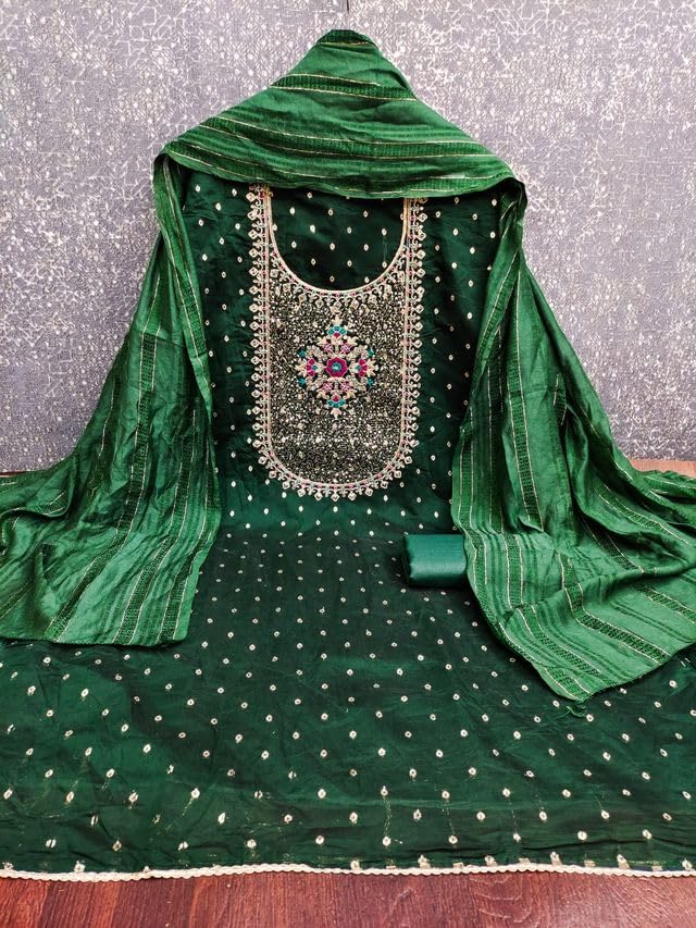 VARNI FABRICS Chinnon Dress Material for Women Digital Print Unstitched Woman Salwar Suit Dress Material With Chinnon Dupatta Deep Green
