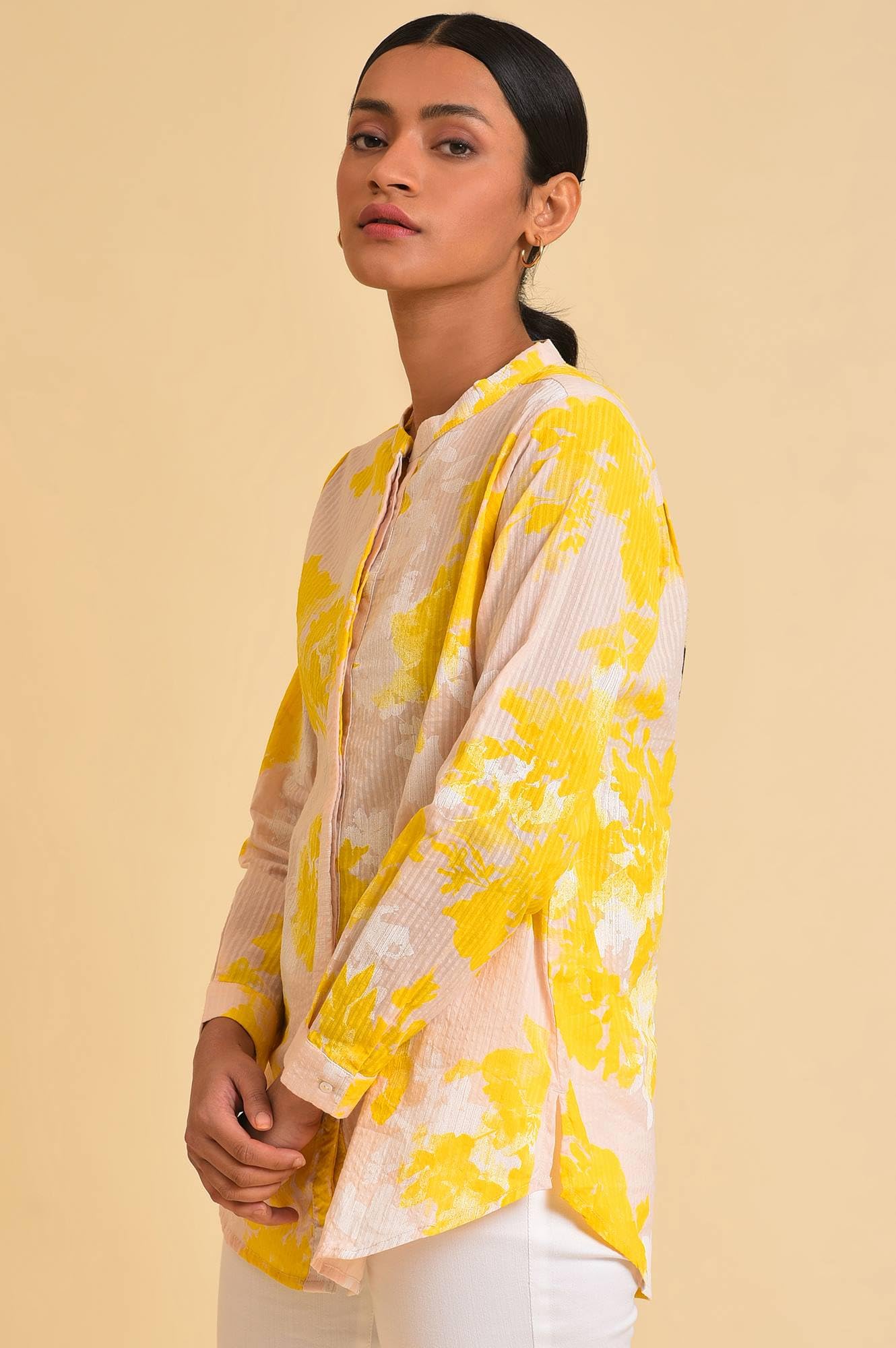 W For Woman Light Pink Floral Printed Cotton Shirt Style Top