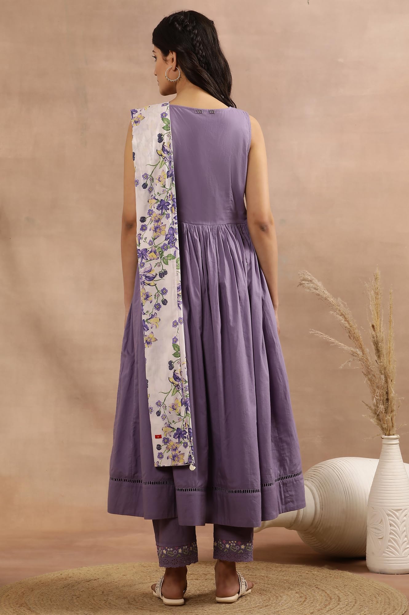 W for Woman Purple Embroidered A-line Kurta, Pants and Printed Dupatta Set (Size: 3XL)-24FEWS11008-221864