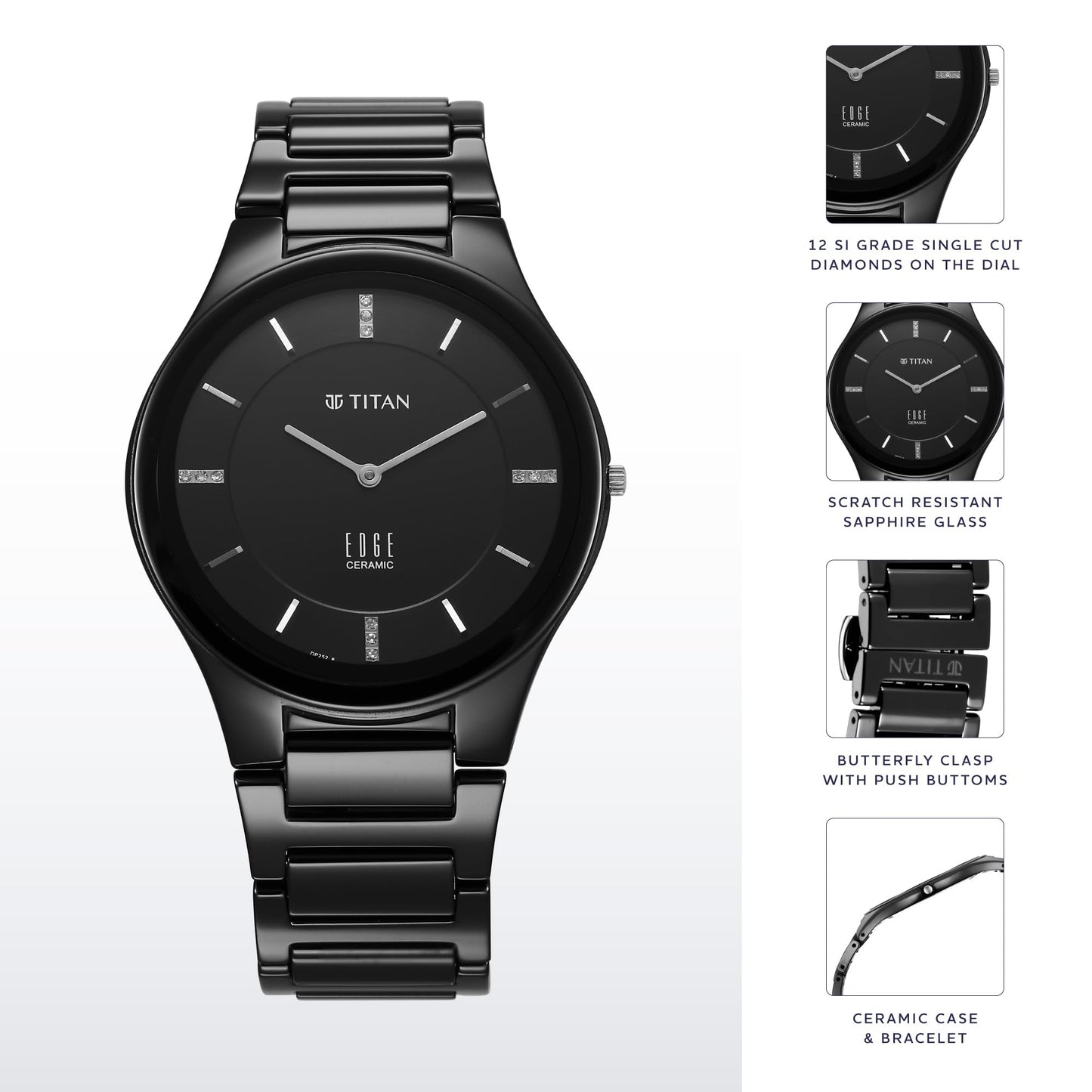 Titan Edge Ceramic Dress with Diamonds Quartz Analog Black Dial Black Ceramic Strap Watch for Men - NT1696NC12