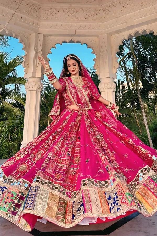 Women's Real Mirror Work Cotton Pink Lehenga Choli For Navratri
