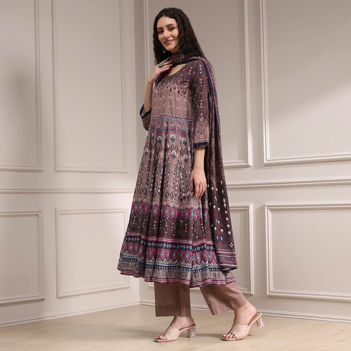 Biba Women Mud Brown Cotton Anarkali Printed Kurta Set_34