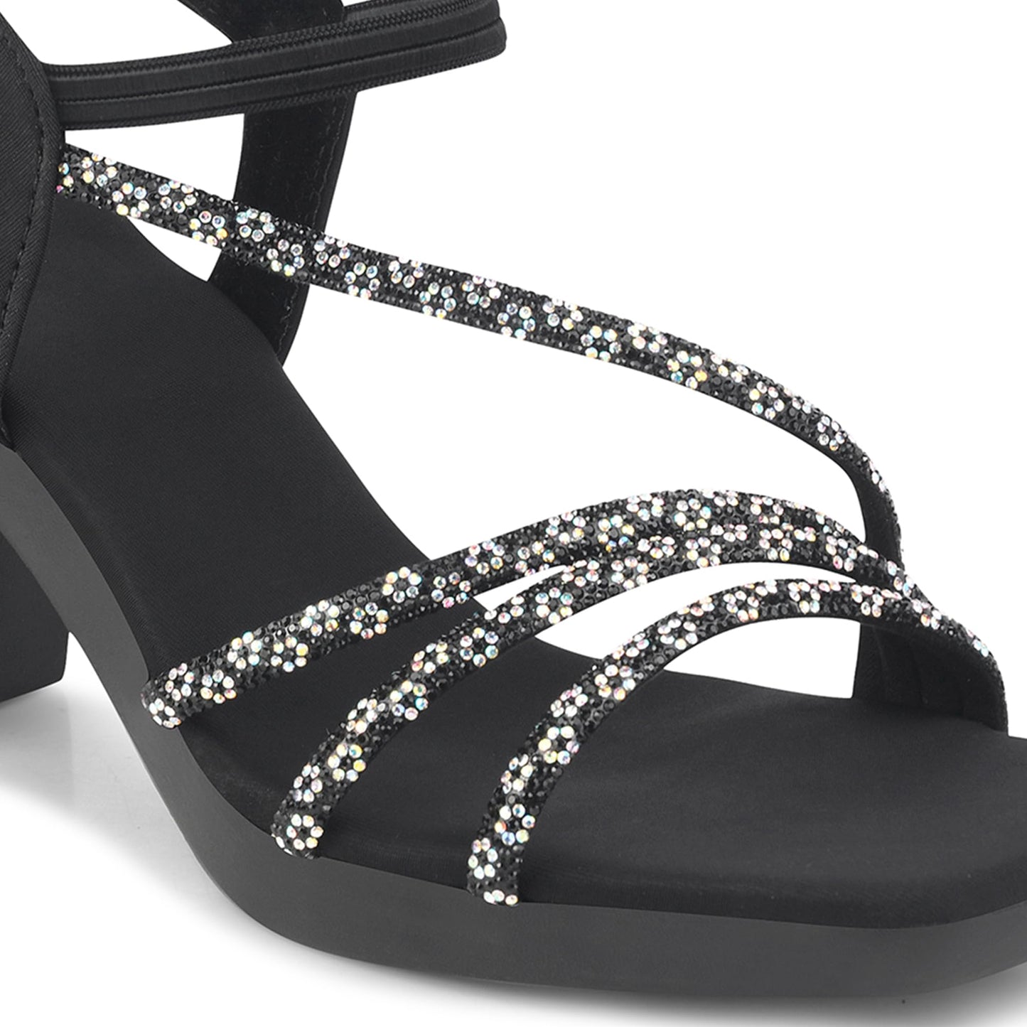 JM LOOKS Women's Sandal Strappy Embellished Heels Ankel Strap Square Toe Lightweight Comfortable Stylish for Wedding Party Festivel Occasion - Black