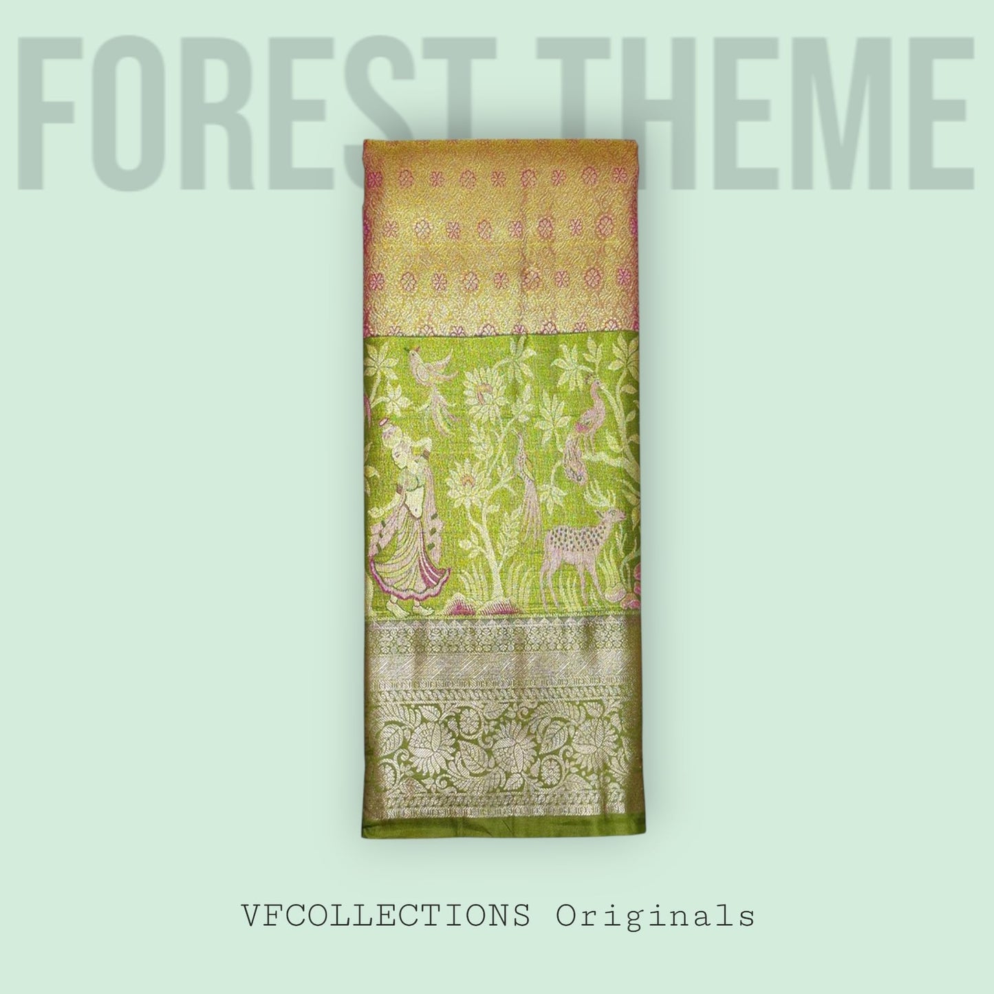 VFCollections Women's Kanchipuram Silk Pure Pattu Sarees – Forest Them Border with Blouse 1