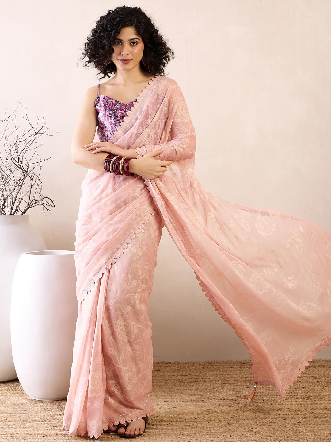 SAREE MALL Women's Beige Chiffon Floral Printed Ready To Wear one Minute Saree With Unstitched Blouse (RTWKINJAL4269_5D)