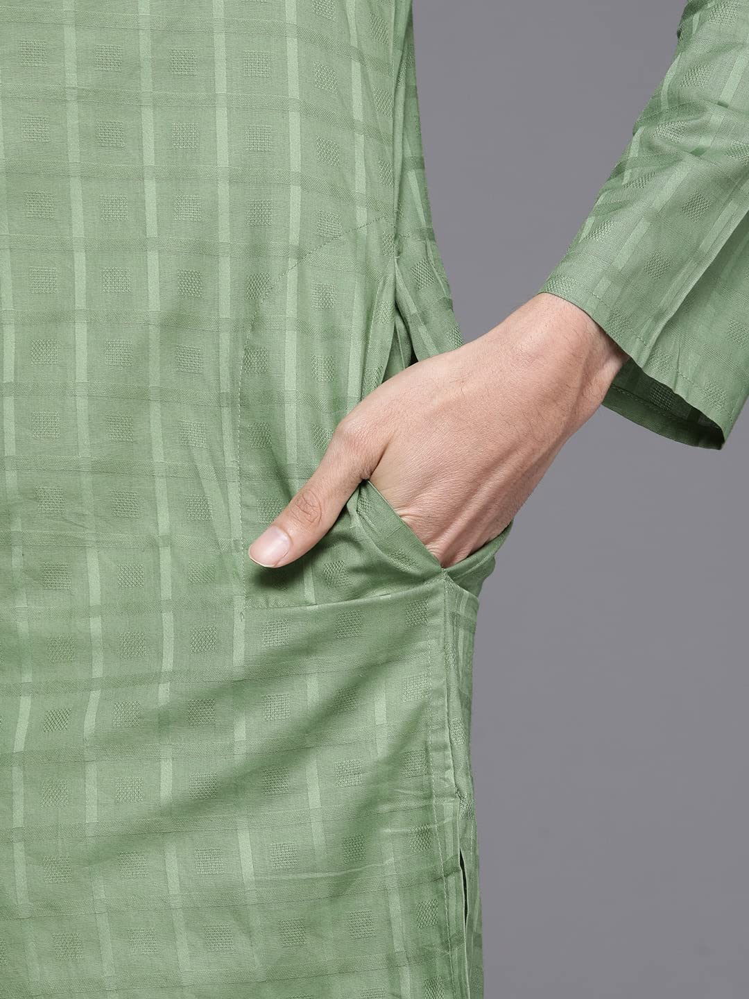 Manyavar Kurta Set for Men, Full-Sleeves Mandarin Collar Ethnic Kurta Set for Engagement, Wedding, Party Solid Kurta Set Blended Cotton (Green, XL)