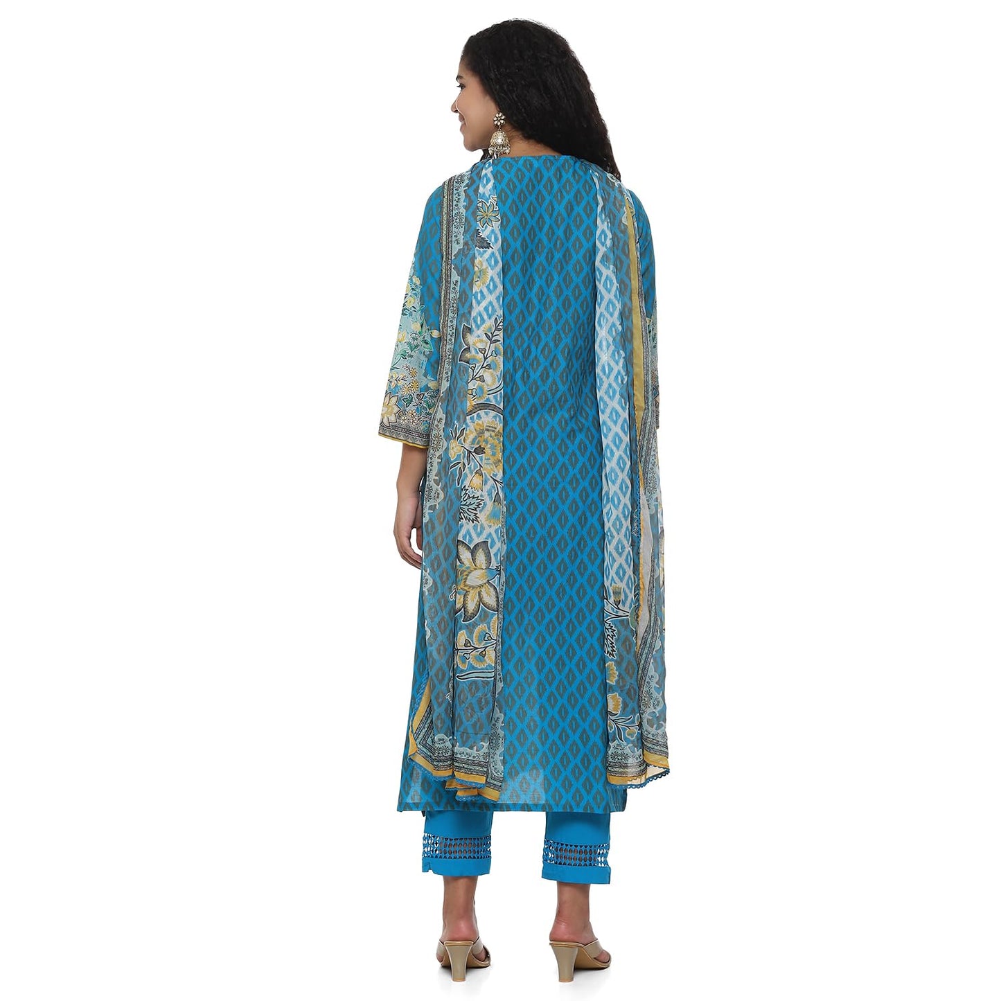 BIBA Cotton Women Printed Straight Salwar Kurta Dupatta(Skdassorted7483E_Turquoise_34)