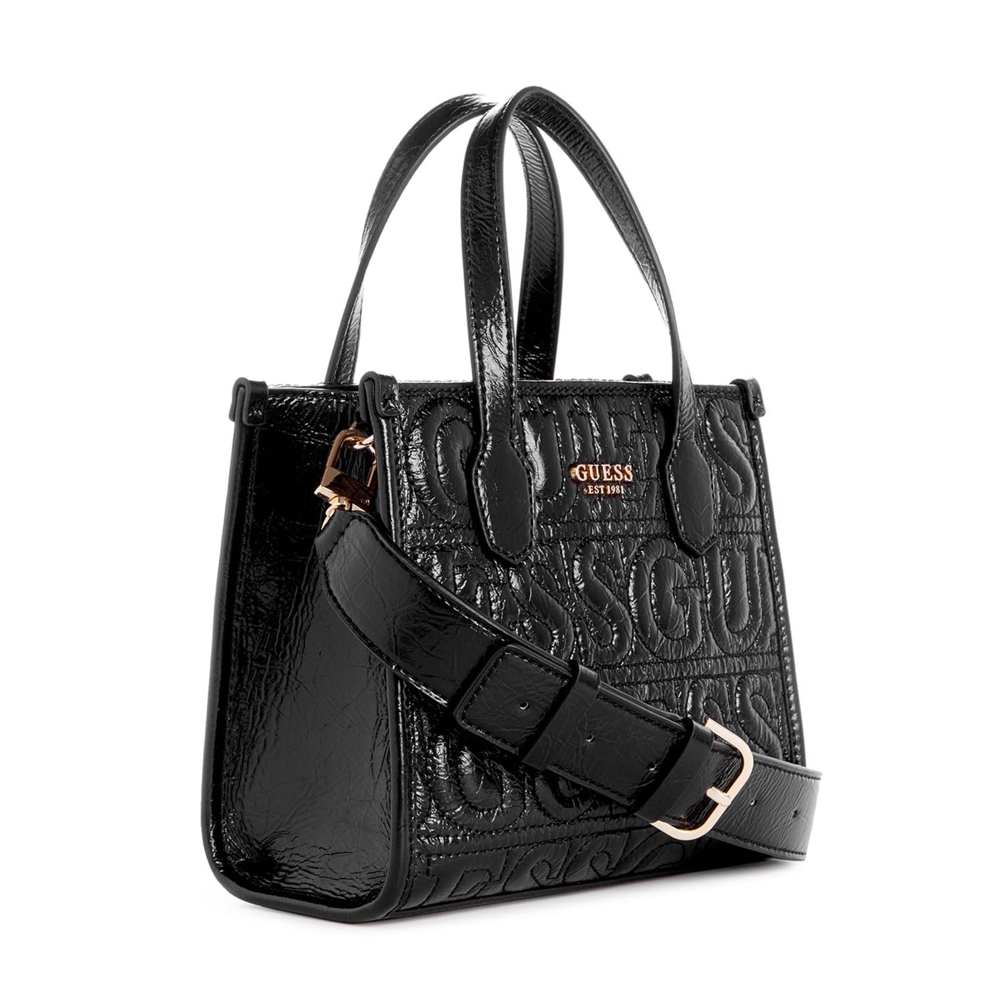 GUESS Polyurethane Black Embossed Women Silvana Mini Tote Bag