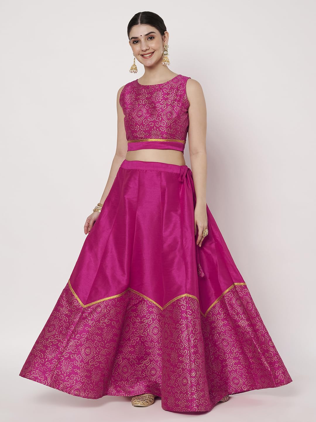 studio rasa Women's Dupion Block Printed Half and Half Kalidaar Skirt Wedding Festive Party (SKTC72514L_Pink_Large)