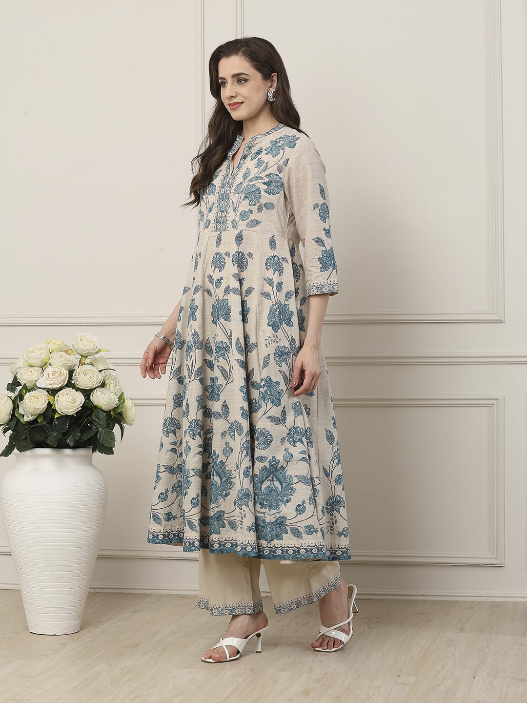 Biba Women Blue Cotton Anarkali Suit Set_32