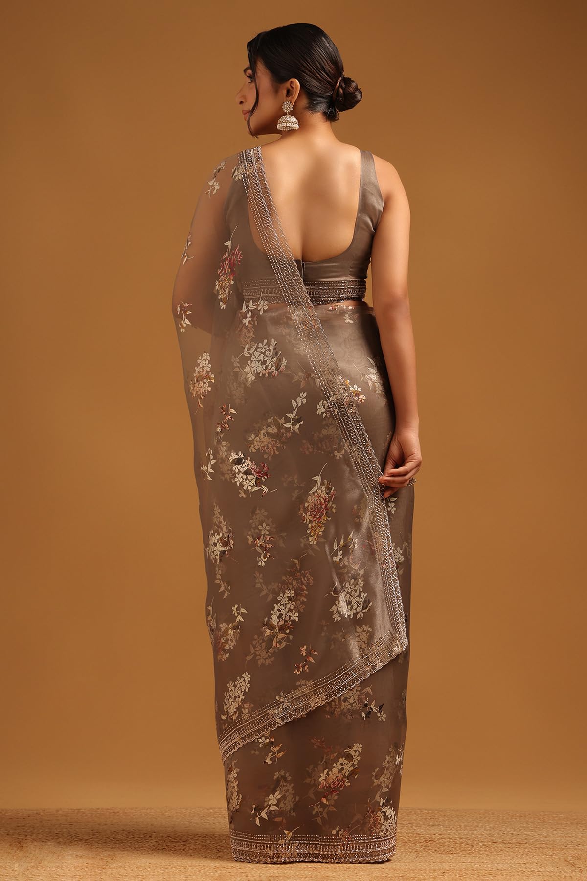 Soch Womens Grey Organza Floral Saree With Stone Work