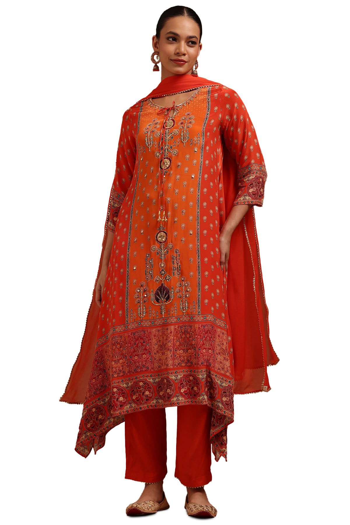 Soch Womens Orange Crepe Floral Print Suit Set With Sequins