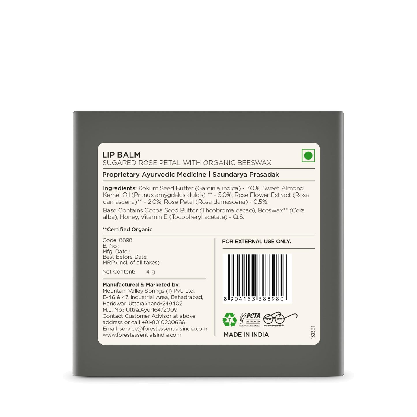 Forest Essentials Luscious Lip Balm Sugared Rose Petal | Ideal for Moisturizing Dry & Chapped Lips | Natural Lip Balm To Soften & Moisturize Lips With Glossy Finish | For Men & Women | 4 g