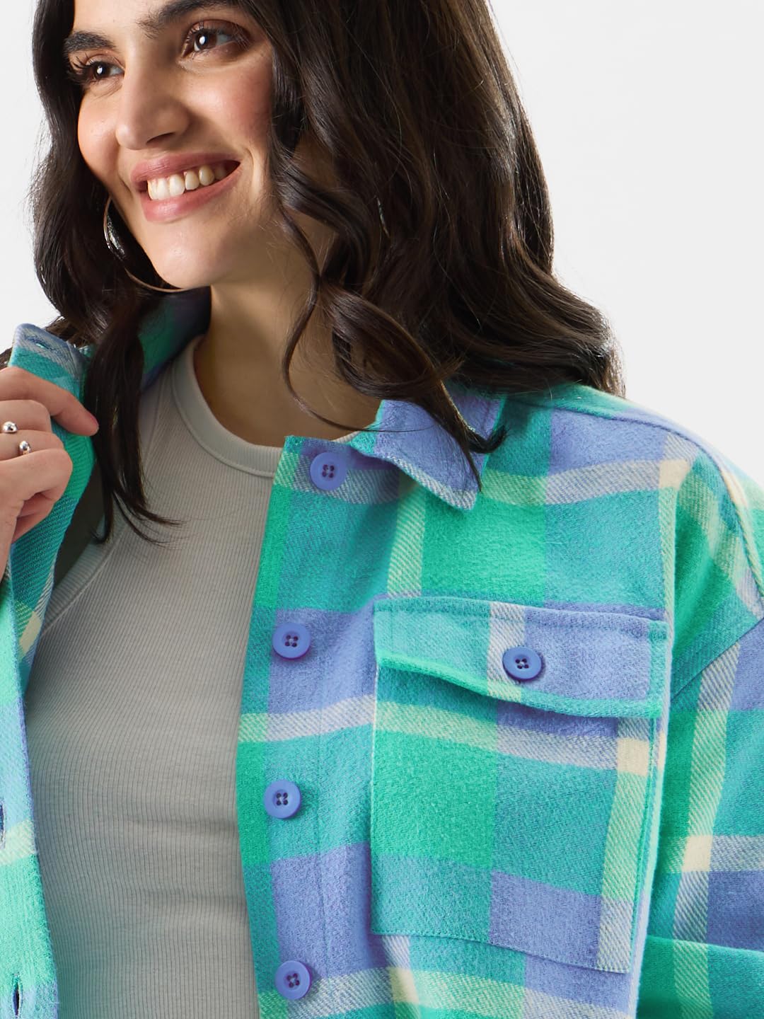 The Souled Store Plaid: Grapemist And White Women Shackets Shackets Casual Plaid Oversized Quilted Winter Flannel Sherpa-Lined Stylish Fashion Trendy Classic Checkered Cozy Button-Up Utility
