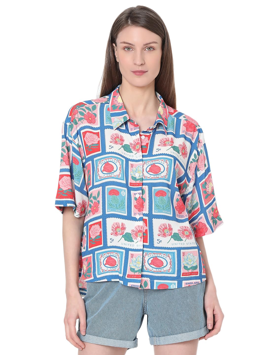 VERO MODA Women Graphic Print Blue Viscose Oversized Shirt