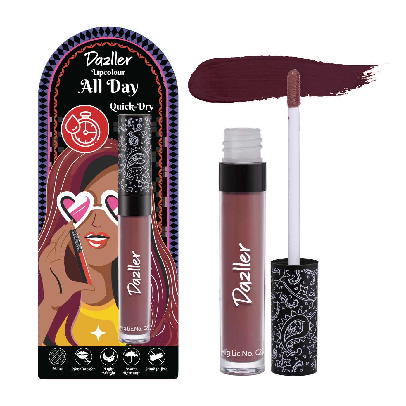 Dazller All Day Lipcolour Quick Dry|Moisturizing Kokum Butter Matte finish |Non-Transfer & Smudge-proof|8hr stay|Liquid Lipstick for Women|QDLC036 Amapola|6g