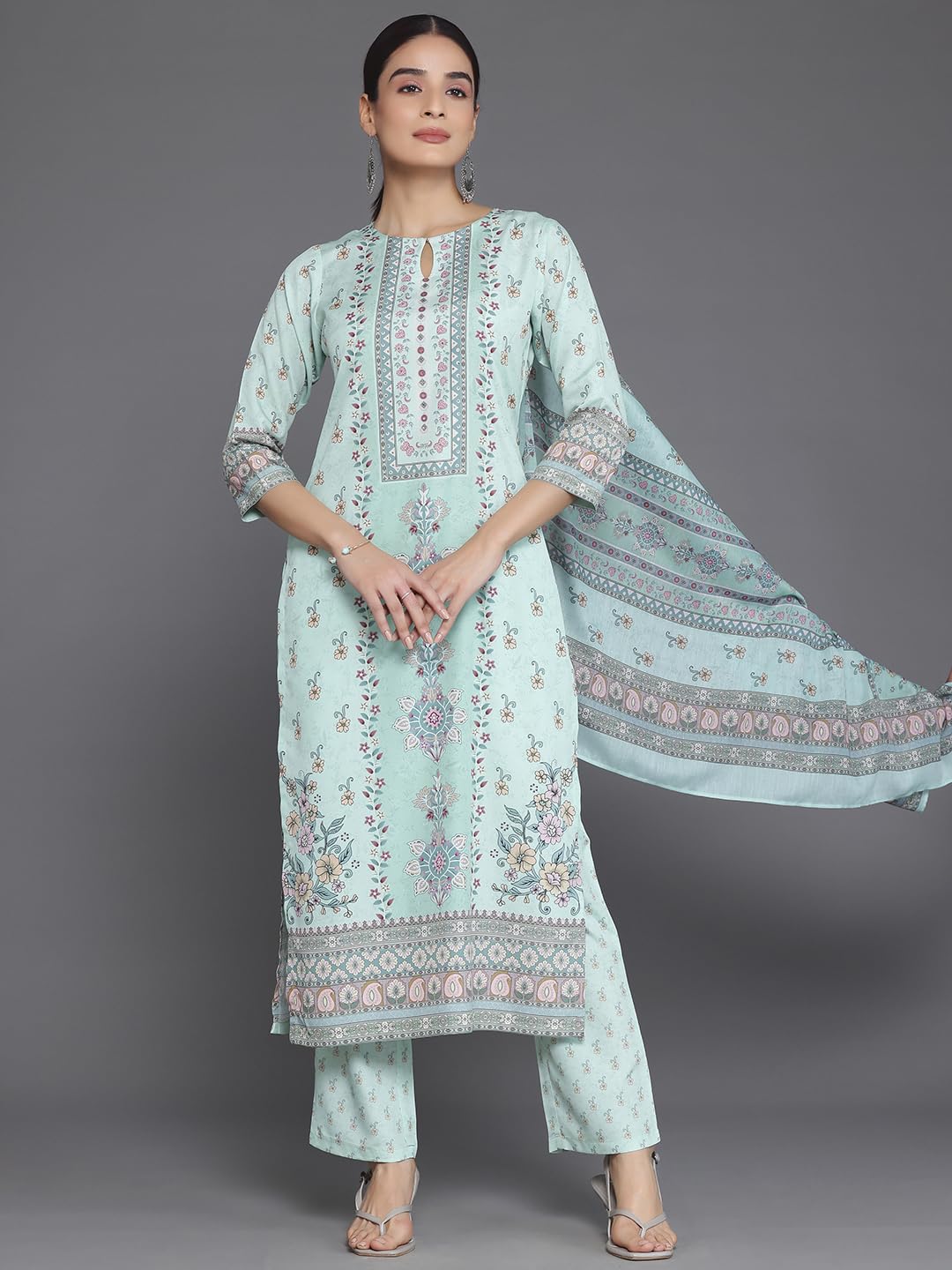 Libas Womens Printed Crepe Straight Kurta With Trousers and Dupatta