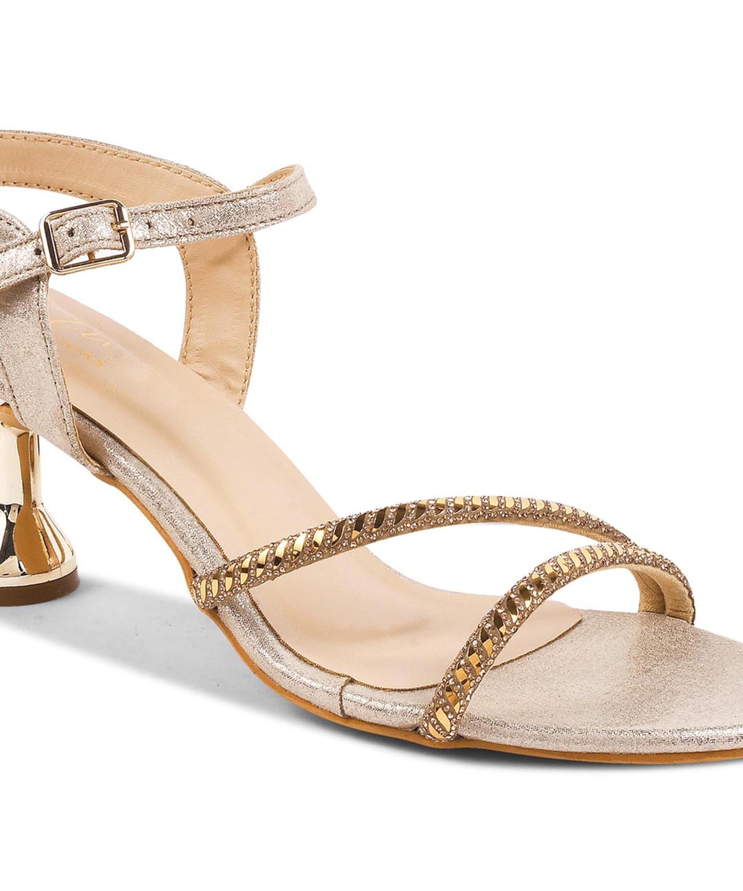 JM LOOKS Women's & Girls Kitten Heel Elegant Dual Strappy Heel Sandal Ankle Buckle with Embellished Rhinestone Upper for Wedding, Party, Casual, Office - Golden