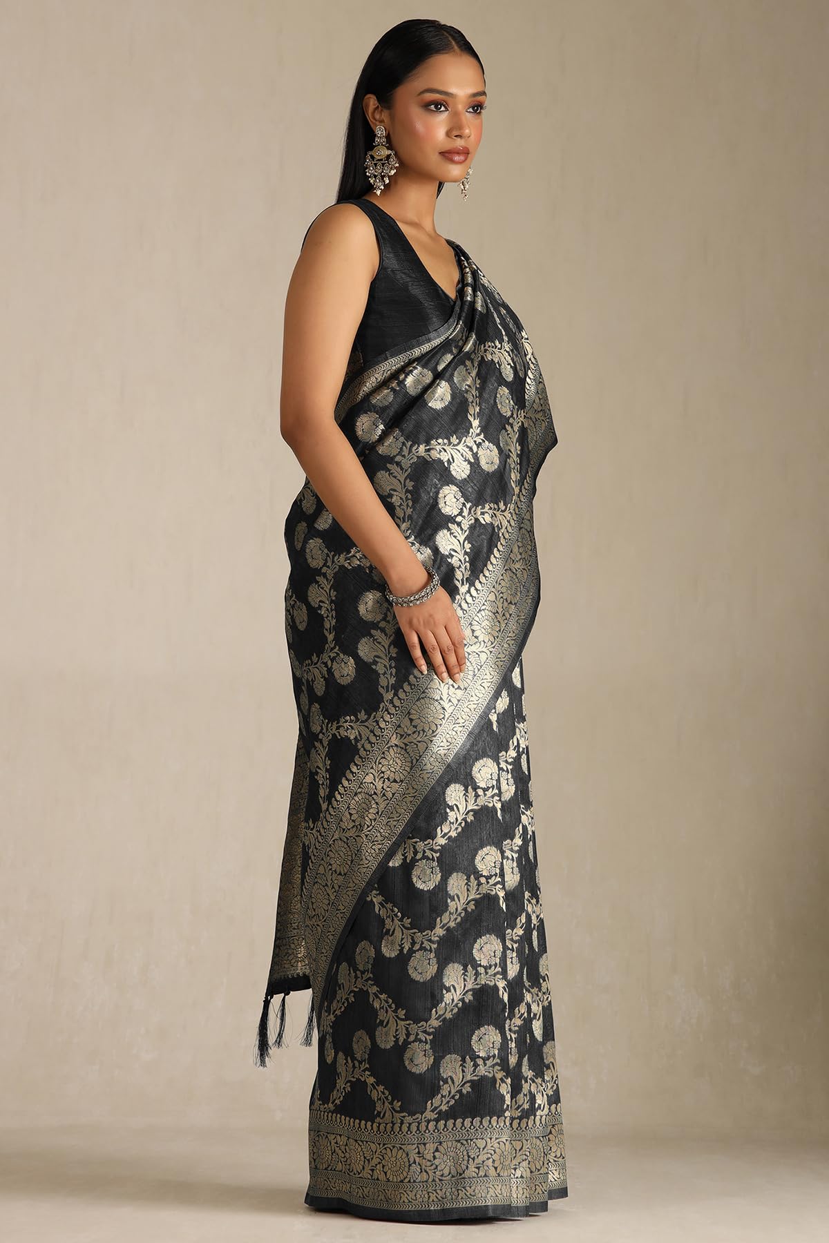 Soch Womens Black Tussar Floral Print Saree With Zari Woven