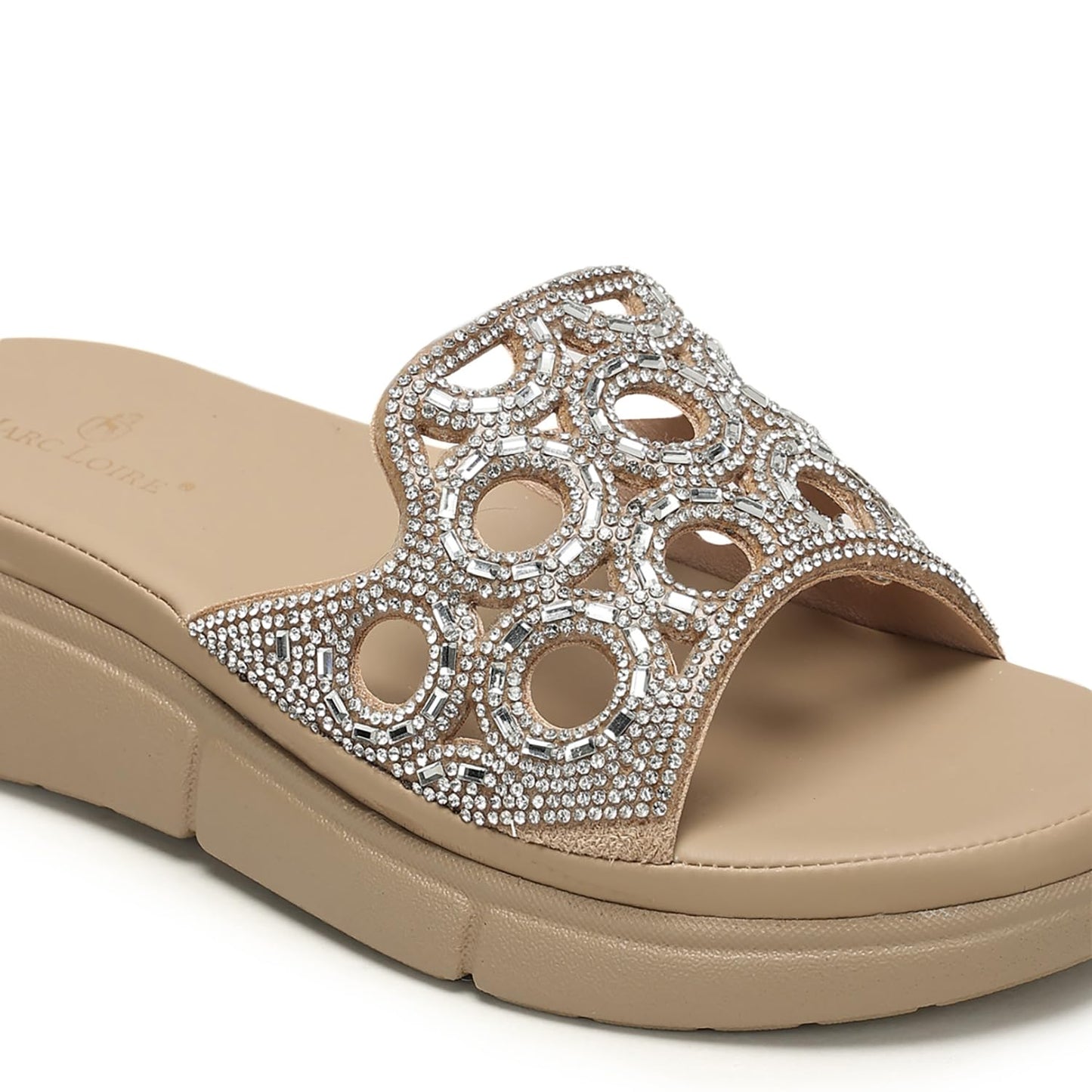 Marc Loire Women’s Embellished Slip-On Fashion Sandals | Comfortable Flatform Heels Fashion Footwear for Festive & party Looks (Beige, UK Footwear Size System, Adult, Women, Numeric, Medium, 3)