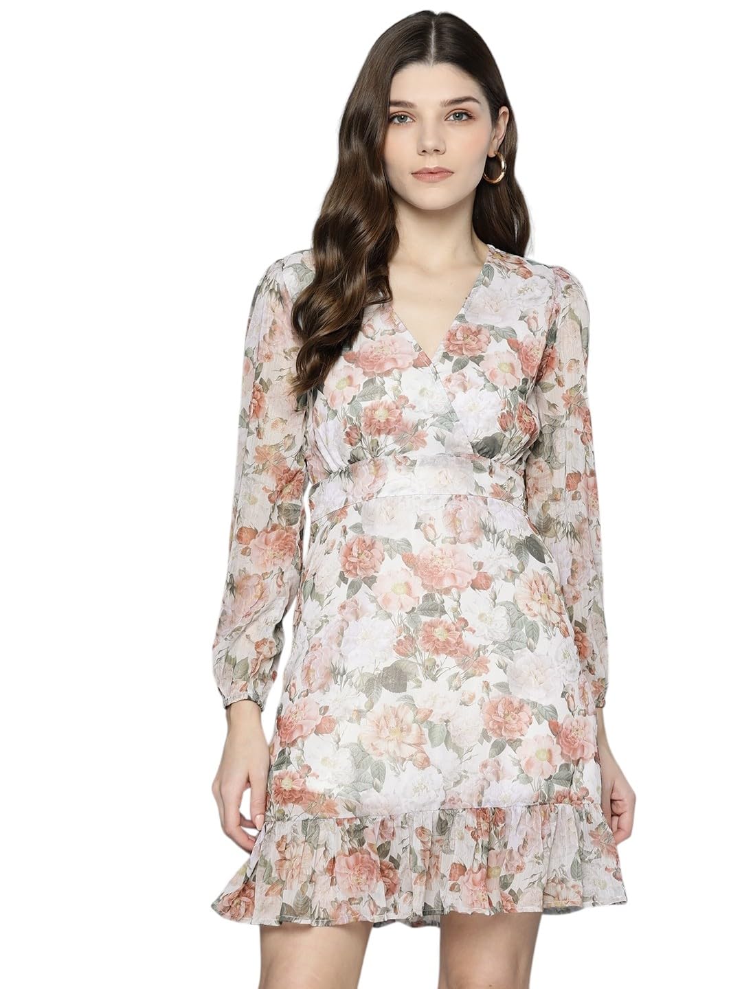 SASSAFRAS Beige Floral Chiffon Frill Hem Dress