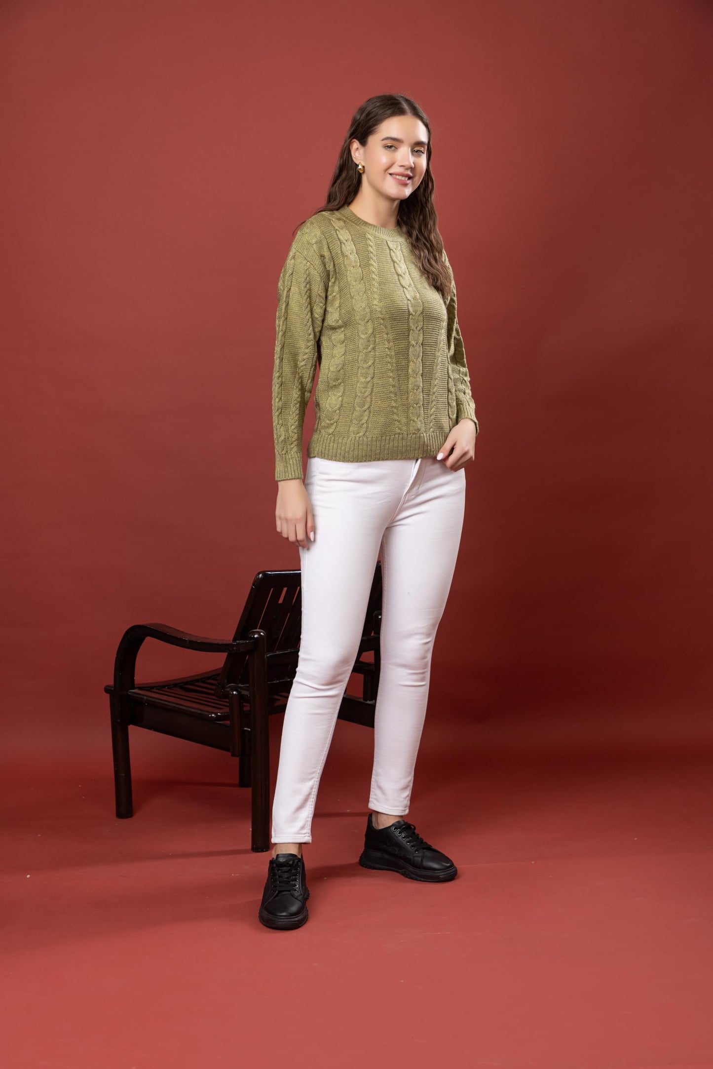 Style Dusk Women Sweater for Winter Woolen Full Sleeves Round Neck Cable Design Stylish Sweater for Winter Season (in, Alpha, 2XL, Olive)