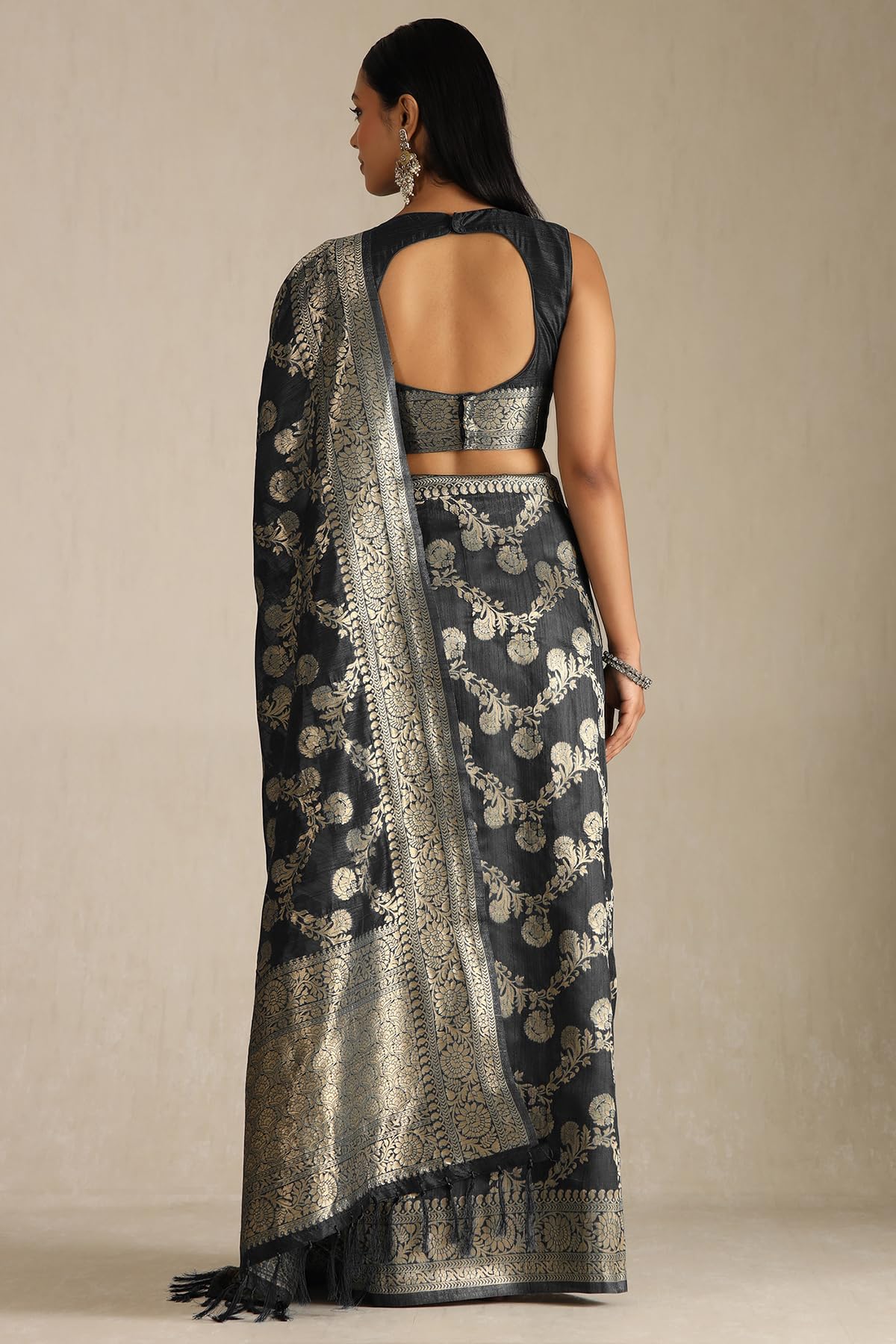 Soch Womens Black Tussar Floral Print Saree With Zari Woven