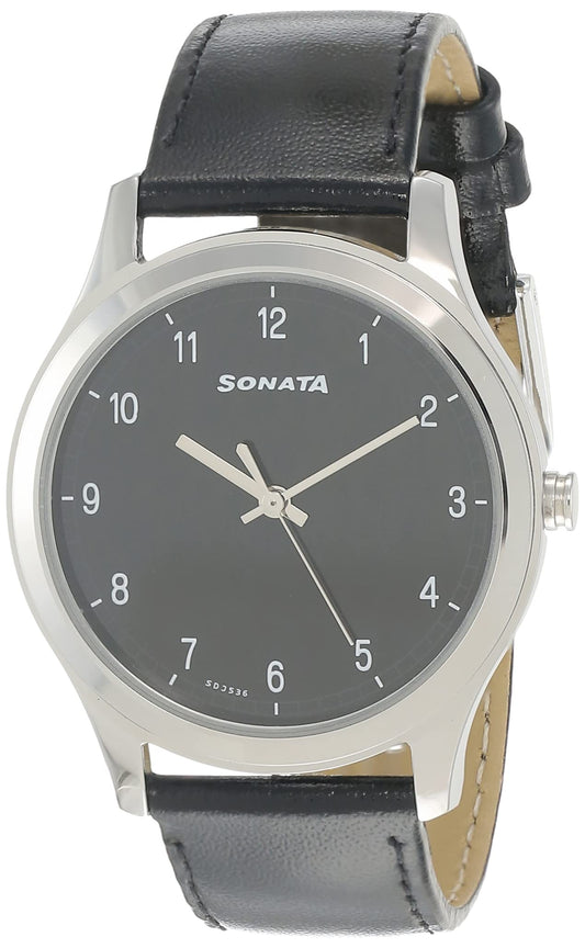 Sonata Quartz Analog Black Dial Leather Strap Watch for Men-NS7135SL02