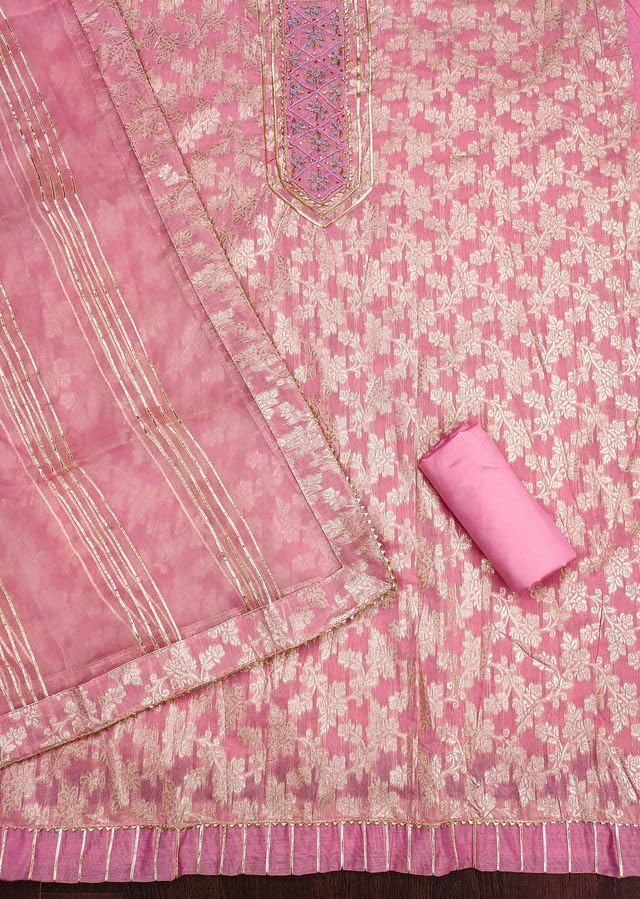 VARNI FABRICS Jacquard with Handwork Dress Material for Women Floral Unstitched Woman Salwar Suit Dress Material With Organza Dupatta Pink