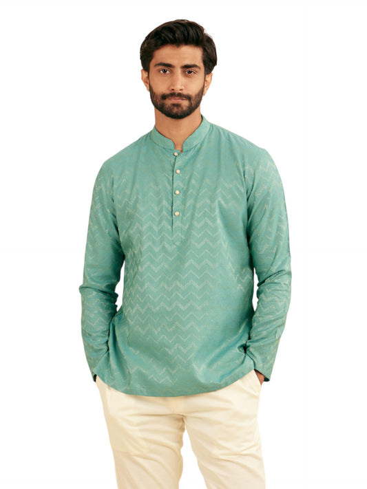 Manyavar Men's Viscose Blend Textured Short Kurta (Aqua Green,XL)