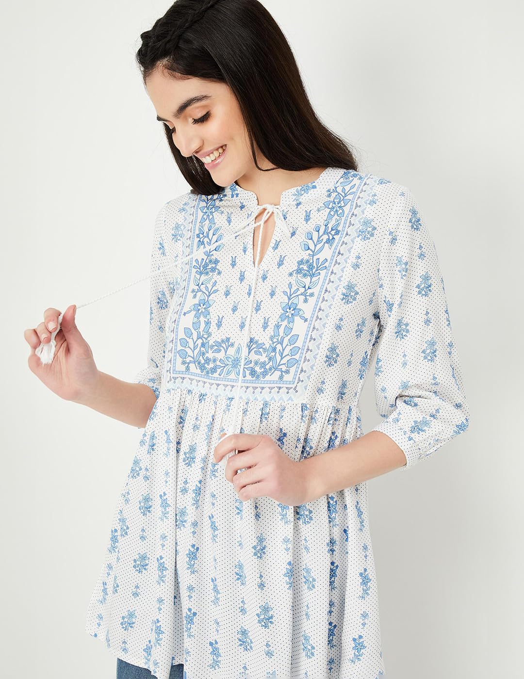 Max Women Printed Tie-Up Neck Tunic (INDIE41015OFF White)_L