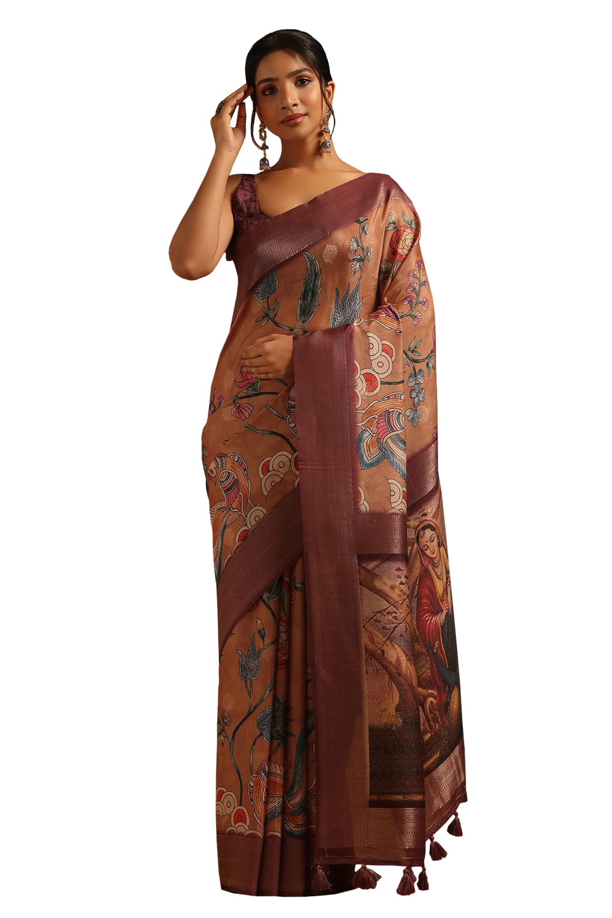 Soch Womens Wine Poly Silk Kalamkari Saree