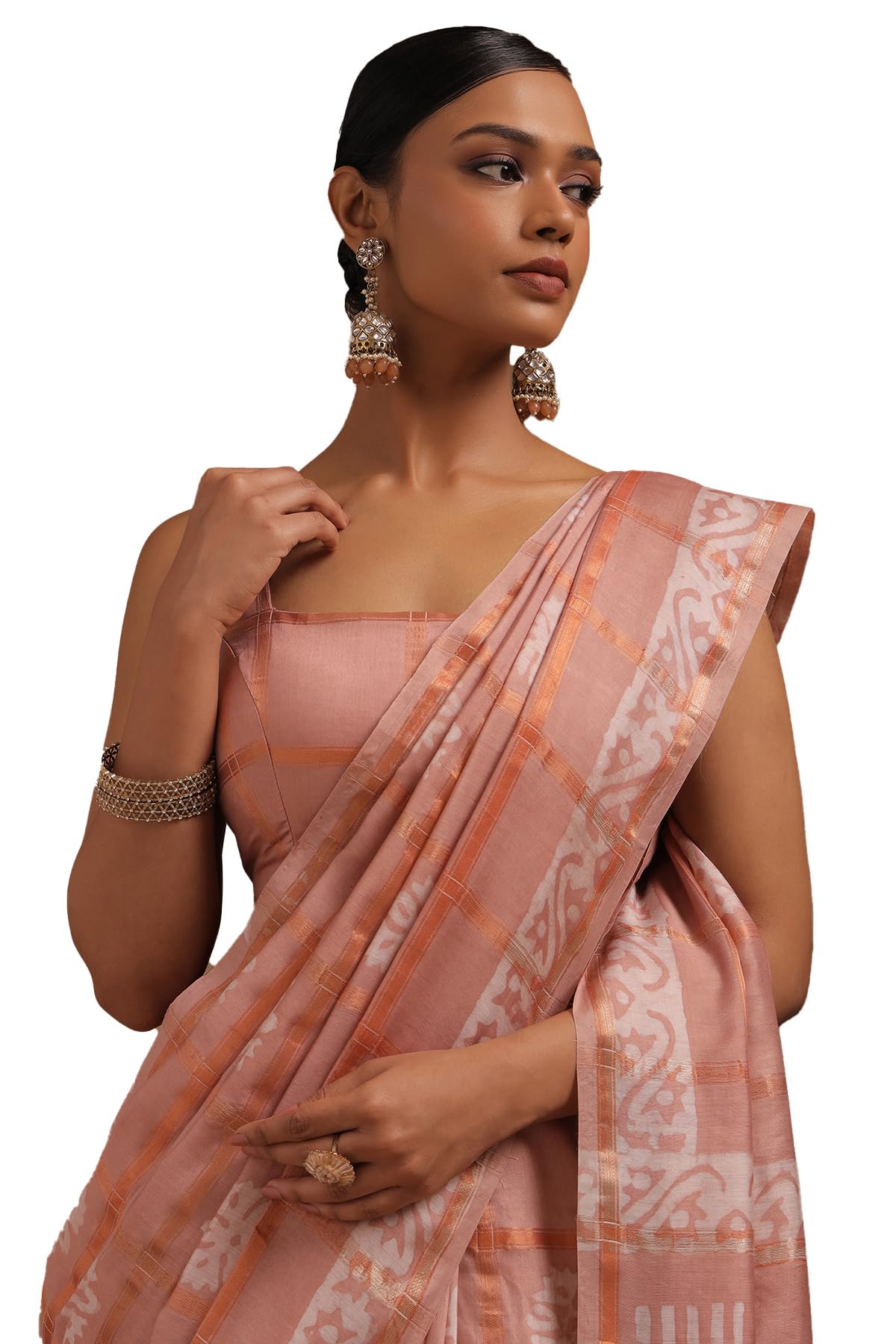 Soch Womens Peach Viscose Block Print Saree Zari