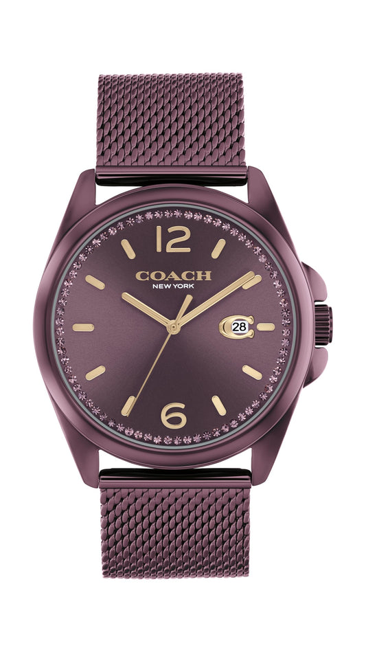 Coach Greyson Qtz Basic Calendar Purple Round Dial Women's Watch|Ionic Plated Purple Steel Material|Purple Color Band - 14504252