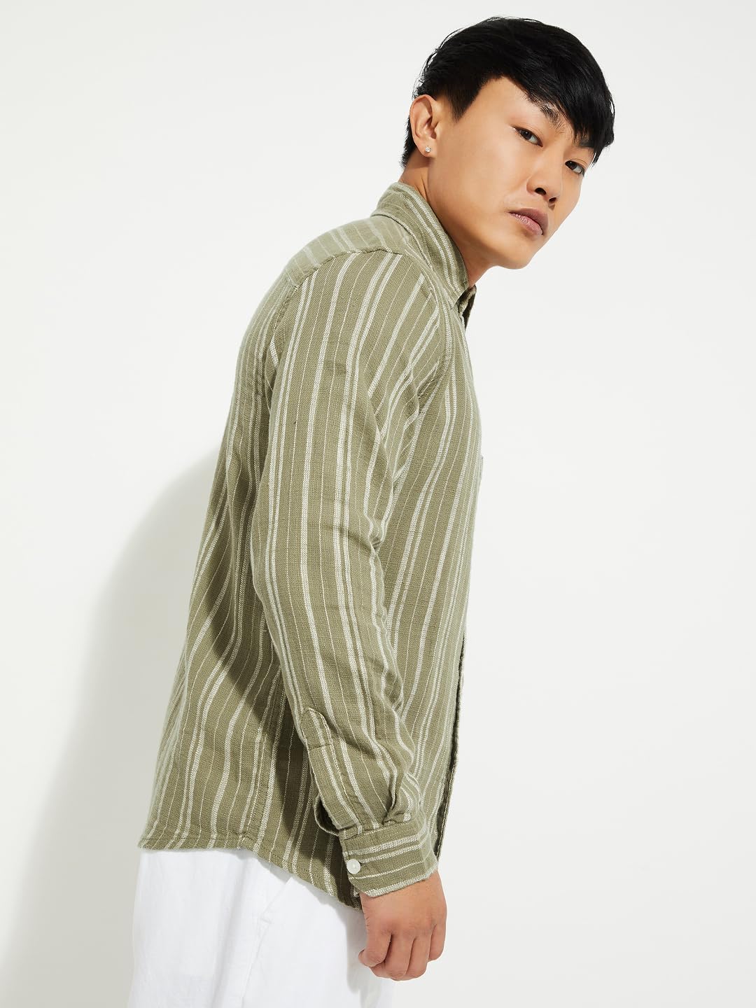 Max Men Striped Regular Fit Shirt (Green_M)